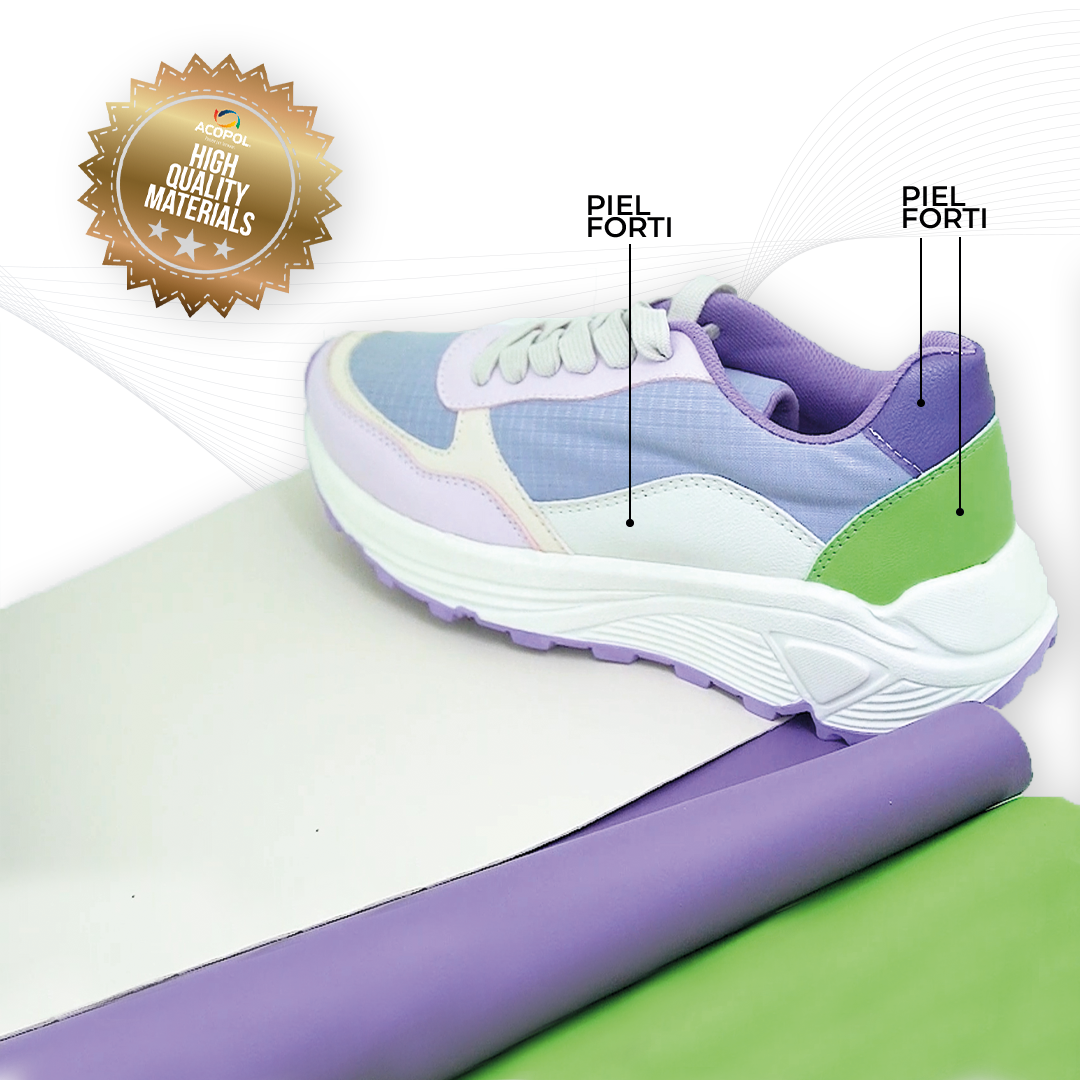 Material sintético Piel Forti de ACOPOL utilizado en calzado deportivo y sneaker, con diseño moderno y colores pastel. Alta calidad, terminado mate y base al tono ideal para corte y aplicaciones en calzado.